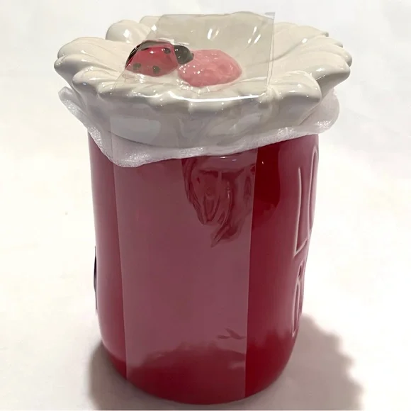 Rae Dunn LOVE BUG Ceramic Mug with Flower/Ladybug Topper Red/White - Picture 13 of 16